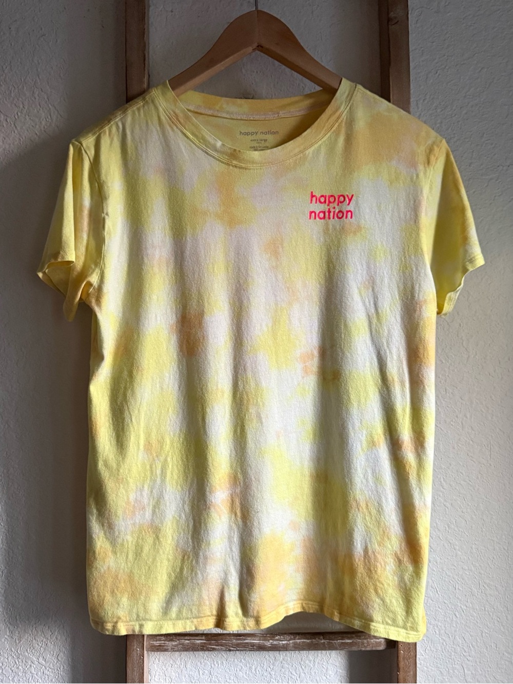 Happy Nation Yellow Tye Dye & Neon Pink Graphic Print Crewneck Tee girls sz: XL